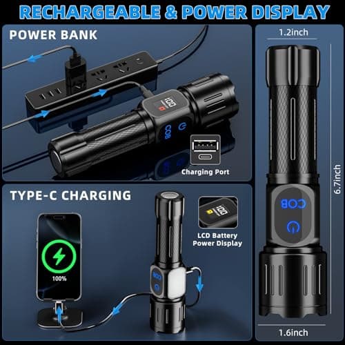 Dszuu Rechargeable LED Flashlight, Super Bright 99000 High Lumens Flash Light, 9 Modes Zoomable Flashlight with LCD Display, Waterproof Tactical Flashlights for Camping, Home Emergency view 5