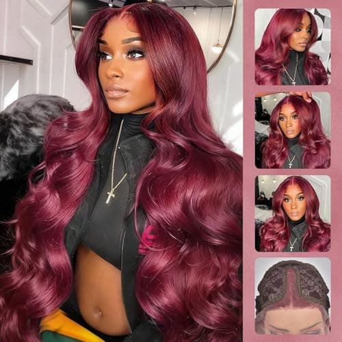 Alimoonbeam 28 Inch 99J Burgundy T Part Lace Front Wigs Human Hair Red Burgundy Wig Human Hair HD Body Wave Lace Front Wigs 181 Density Pre Plucked Lace Frontal Wigs for Women view 2