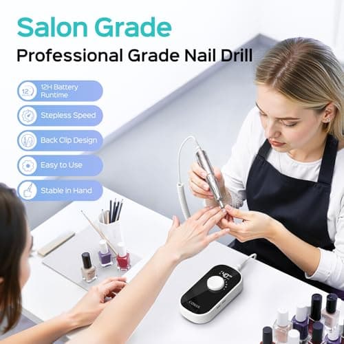 COSLUS Professional Rechargeable Electric Nail Drill 40000 RPM, Portable Nail File with Storage Stand for Acrylic Gel Polishing Removing - Easy to Use for Women, Manicure at Home DIY or Salon, White view 2