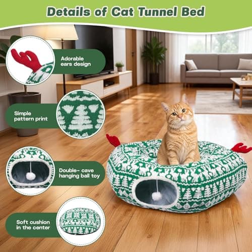 Petrendy Cat Tunnel Bed, Cute Cat Tunnels for Indoor Cats with Washable Mat, Hanging Ball, Collapsible Play Tunnel, Pet Donut Tube Bed Cave, Xmas Party Decor for Kitten, Rabbit, Puppy Gifts view 3
