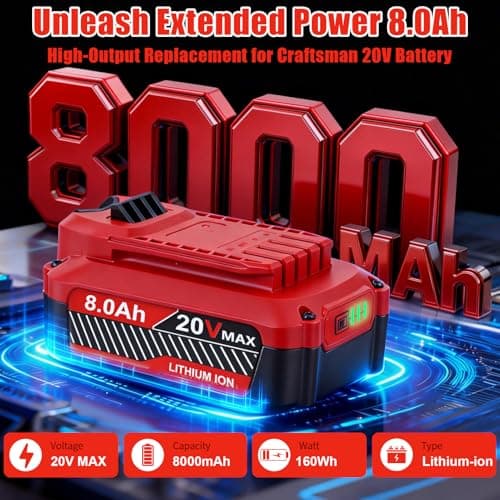 Upgrade 8.0Ah Replacement for Craftsman 20V Battery V20 Lithium ion Batteries Compatible with Craftsman 20 Volt Cordless Power Tools CMCB205 CMCB204 CMCB206 CMCB202 CMCB201B0GGGVH6WNB0GGGVH6WN,2Pack view 2