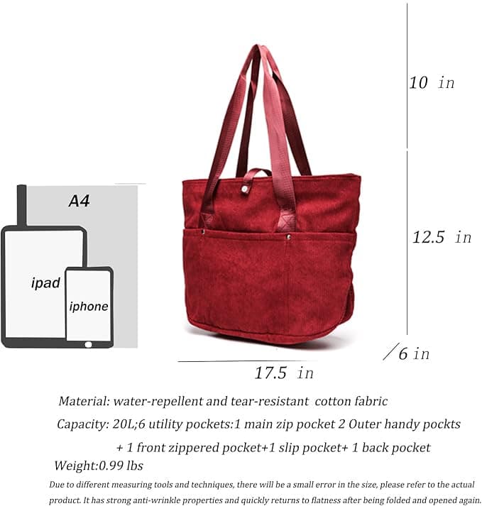 mcuvaec Corduroy Tote Bag for Women, Foldable Tote Bag With Zipper, Large Shoulder Bag, Purses and Handbags for Work Travel view 5