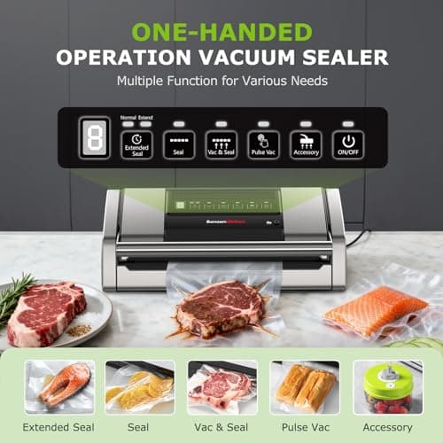 Bonsenkitchen Vacuum Sealer for Food, Easy-Lock Handle with Digital Timer | Built-in Cutter & Bag Storage for Sous Vide, Vacuum Sealer Machine Suitable for Dry & Moist Food Types, 1 Roll & 10 Bags view 4