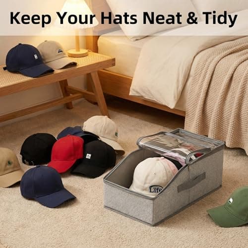 Funnydin 2PCS Hat Storage for Baseball Caps - Stackable Hat Organizer for Closet, Holds up to 30 Caps with Clear Window, Space-Saving Hat Box for Home Storage, Breathable Fabric, Grey view 6