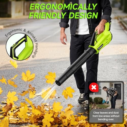 Leaf Blower Cordless, Leaf Blower with Battery and Charger - 2 Speed Modes, 2 Batteries, 20V Powerful Lightweight Electric Blowers for Blowing Leaves, Dust, Lawn Care, Patio Cleaning, Green view 6