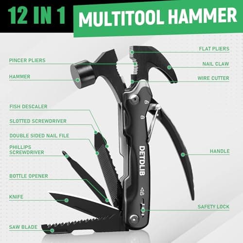 DETDLIB12-in-1 Multitool Hammer, Birthday Gifts for Men, Essential for Camping, Hiking, Cool Gadget, Gifts for Men. Women, Dad, Him, Husband, Father, Mechanic, Boyfriend, Black view 3