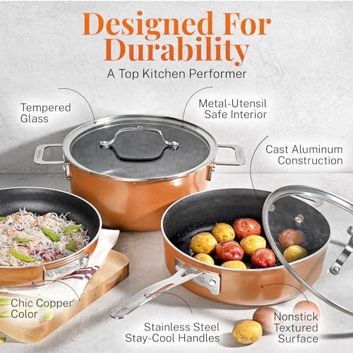 GOTHAM STEEL Stackmaster 10 Pc Nesting Pots and Pans Set Non Stick, Copper | Induction Cookware Set Nonstick, Nests to Save Cabinet Space, Dishwasher & Oven Safe to 500°F, Diamond Reinforced Nonstick view 5