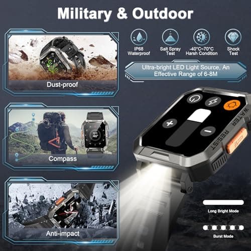 Military Smart Watch for Men(Answer/Make Call), Outdoor Sports Smartwatch with Flashlight/100 Days Battery/Compass/Heart Rate/SpO2/Sleep Monitor/2 Straps, Fitness Tracker for iPhone/Android Phones view 2