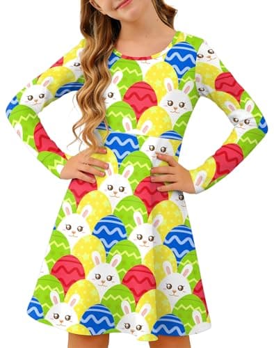 Ithalt Girls Easter Dress Bunny Print Shirts Easter Long Sleeve Dresses Litter Girls Christian Easter Gifts 5-12y — image 1