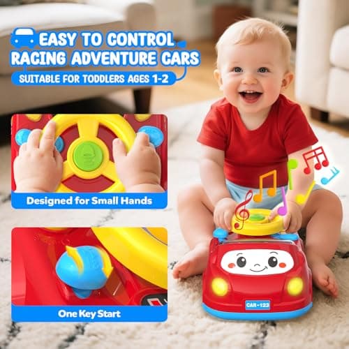 Toys for 1 Year Old Boy Gifts - 2-in-1 Toddler Push Car & Musical Racing Adventure Steering Wheel Driving Game, Interactive Simulated Driving Car for Baby 12-18 Months, Birthday Gift Ages 1-2, Red view 4