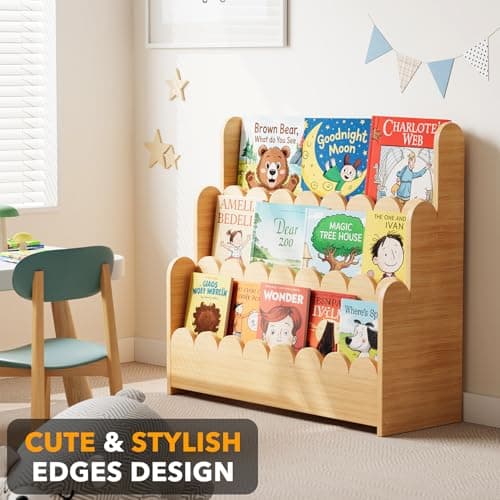 SpaceAid 3-Tier Scalloped Bookshelf, Montessori Bookcase for Toddlers, Wooden Book Shelf Organizer Display Furniture for Kids Rooms, Playroom, Nursery and Classroom, Natural view 4