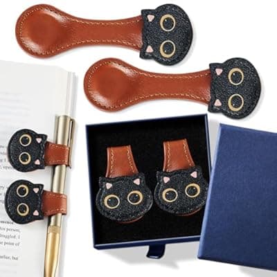 2Pcs Magnetic Leather Bookmarks with Gift Box Magnetic Pen Holder Book Marks Clip Gift for Book Lover Readers Men Women Teachers Students, Cat (Brown+Brown)