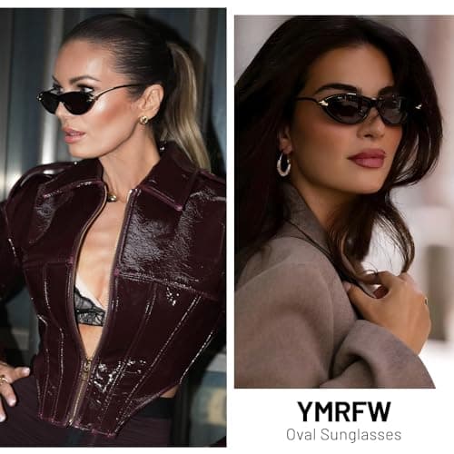 YMRFW Retro Oval Cat Eye Sunglasses for Women Y2k Designer Trendy Narrow Shades Metal Temples UV protection Sun Glasses view 3