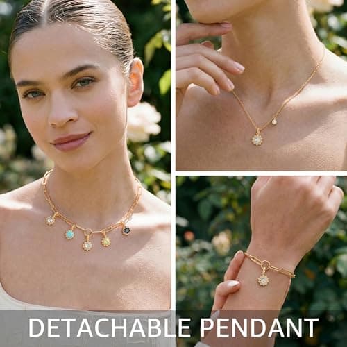 MTMY Birthstone Necklace for Women, 14K Gold Plated Sunburst Necklace with Removable Charm Birthday Jewelry Gift view 4