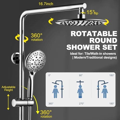 9 Inch Rain Shower Head System with Handheld Spray, Handheld Shower Heads with Multi Spray Modes, Brass Diverter Valve, 360° Swivel Adjustable Rainfall Shower, Chrome Shower Faucet Set for Bathroom view 3
