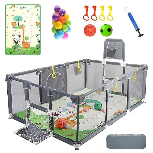 Upgraded Playpen with Enhanced Thick Foldable Mat, Balls, 4 Rings, Storage Bag, Basketball Hoop & Soccer Nets - Play Yard - Sport Playpen - Activity Center - BPA-Free, Non-Toxic, Safe