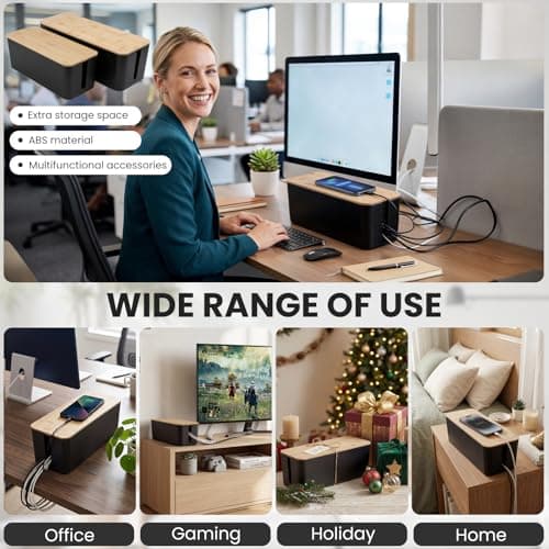 2 Pack Cable Management Box - Cord Organizer Box with Wooden Lid for TV Wires, Power Strips, Router, USB Hub & Under Desk Power: Baby & Pet Proof Cord Management, Cord Hider for Home & Office(Black) view 7