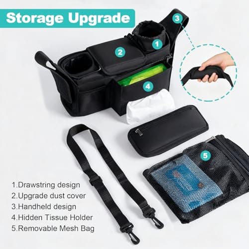 eutopic Universal Stroller Organizer with Insulated Cup Holder Detachable Phone Bag & Shoulder Strap, Bag Caddy Fits for Stroller like Uppababy, Baby Jogger, Britax, BOB, Umbrella & Pet Stroller view 5