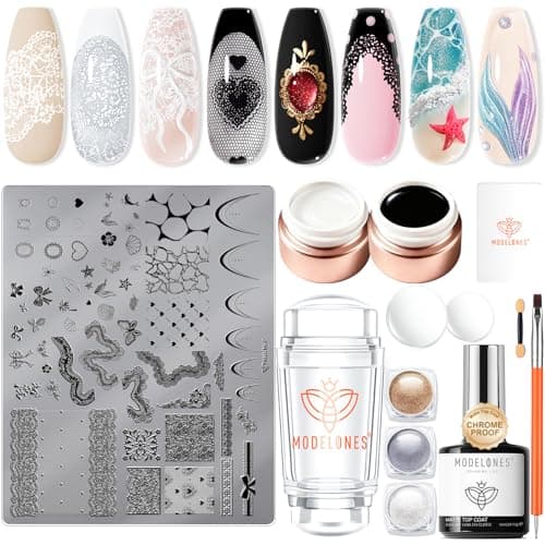 Modelones 16PCS Lace Nail Stamping Kit, French Tip Stamper White Black Painting Gel Polish Chrome Powder Proof Matte Gel Top Coat Gingham Template Dual Nail Art Brush Spring Manicure Gift for Women — image 1