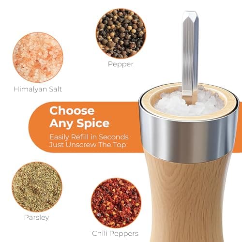 Wooden Salt and Pepper Grinder Set:Premium Beech Wood Manual Mills,9" 5PC with Tray & Spoons,Adjustable Ceramic Core,Refillable,Non-Slip Base-Kitchen Counter Decor view 6