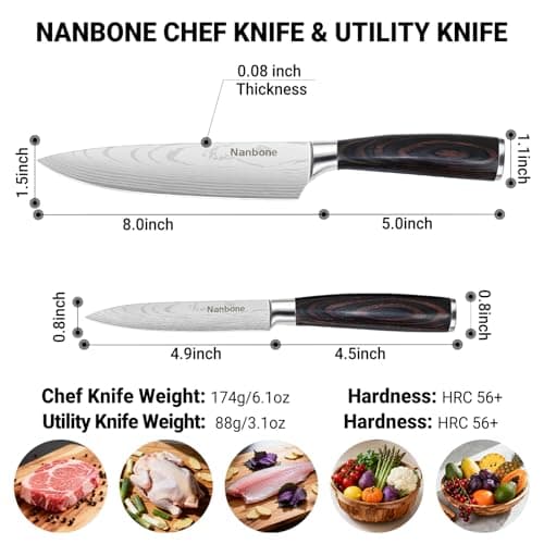Nanbone Kitchen Knife Set 2 Piece High Carbon Stainless Steel Professional Chef Knife Set with Ultra Sharp Blade & Wooden Handle, Kitchen Knife Set 2 Pcs-Chef's Knife 8 Inch & Utility Knife 5 Inch view 3
