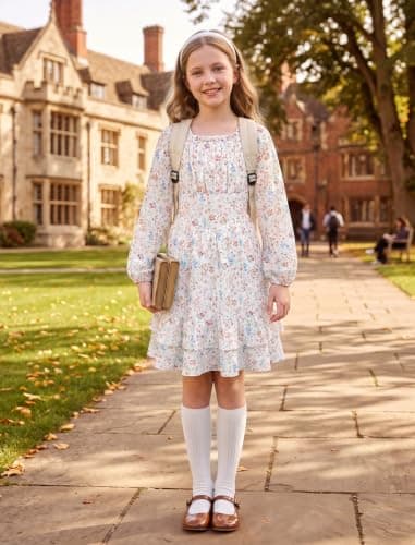 HOZIY Girls Fall Floral Dress Holiday Long Sleeve Square Neck High Waist Ruffle Tiered Midi Dresses 6-14Y view 2