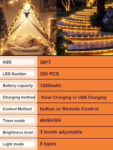 Larger Tube Solar Rope Lights 200LEDs Waterproof,Rechargeable Battery,Dual Charging,39FT Outdoor String Light,Remote-Control,for Pathway Patio Garden Palm Tree Christmas (Brighter - Warm White) view 6