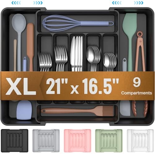 ukeetap Extra Large Expandable Silverware Organizer, BPA-Free Food-Safe Cutlery Flatware Organizer, Kitchen Utensil Drawer Organizer, Adjustable Silverware Holder for Spoons Forks Knives, Black view 1