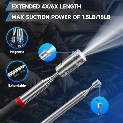 5Pcs Telescoping Magnetic Pick Up Tool Set, Gifts for Men, Dad, Women, Birthday Gifts Box with 1lb &15lb Pick-up Rod, 360° Square & Circle Swivel Adjustable Inspection Mirror and LED Flashlight view 5