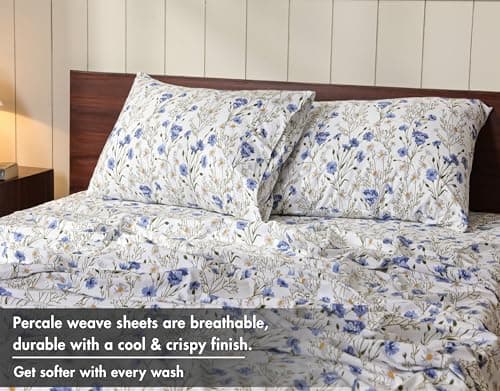 RUVANTI 100% Cotton Sheets – Queen Size Percale Bedding, Cooling & Breathable Floral Design, Durable with a Crisp, Soft & Comfortable Feel, 16" Deep Pocket, 4-Piece Set, Sweet Pea view 4