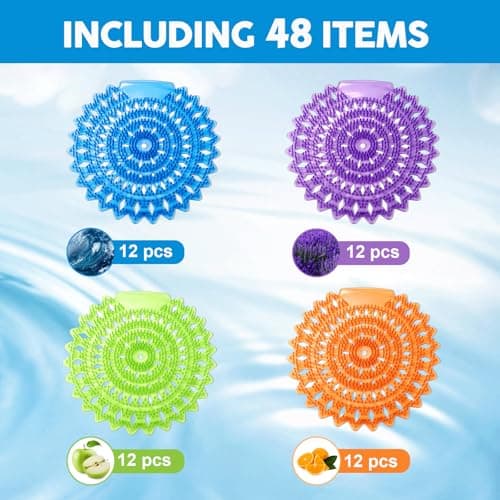48 Pack Urinal screens deodorizer,3D anti-splash odor protection urinal cakes for men bathroom，toilet splash guard for men，five scents urinal mats view 4