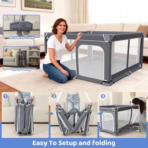 Foldable Baby Playpen - 50"x50" Safety Play Yard for Babies & Toddlers - Indoor & Outdoor Use with Carry Bag - Collapsible, Portable Play Yard, Dark Gray view 4