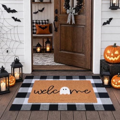 Halloween Door Mat Combo Set, Welcome Ghost Coco Coir Welcome Doormat + 28" x 43" Black and White Plaid Rug, Autumn Halloween Front Porch Entryway Decor Floor Mat view 3