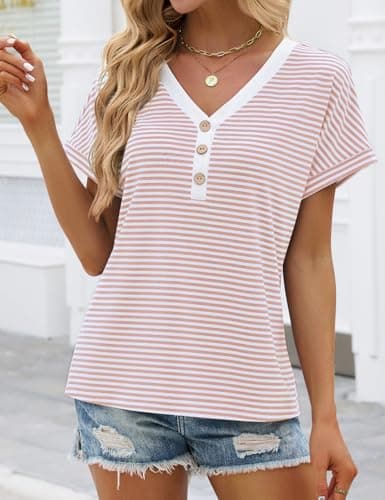 JUSTFASHIONNOW Womens Striped Henley T Shirts Short Sleeve V Neck Summer Tops 2026 Button Front Dressy Casual Blouses view 4