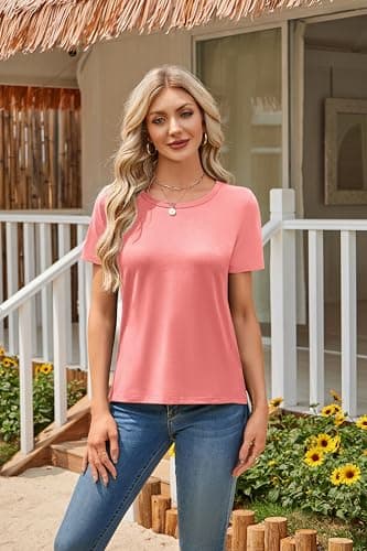 Herou Summer Women Casual Short Sleeve Tops T-Shirts Tees with Side Split view 2