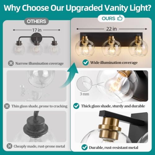 Bathroom Light Fixtures, 3-Light 22 Inch Black and Gold Bathroom Vanity Light, Modern Wall Sconces with Clear Glass Globe Shades, Vanity Lighting Fixtures Over Mirror, E26 Socket (Bulbs Not Included) view 2