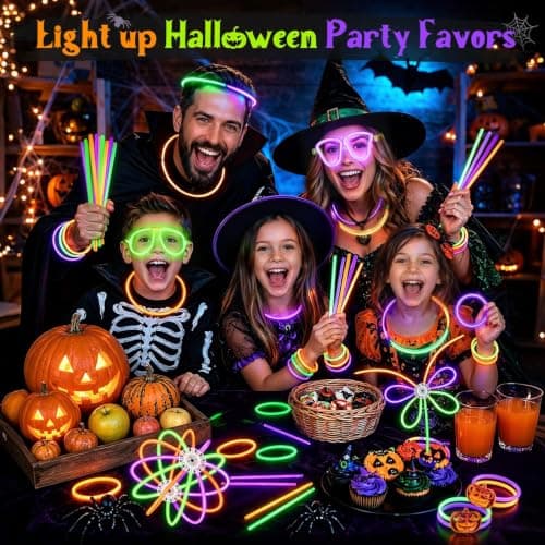 BUDI 467Pcs Glow Sticks Party Favors, Glow in the Dark Party Pack Halloween | 210 Glowsticks 3 Color 8“ & 257 Connectors, Non Candy Halloween Treats Party Supplies Kid Adult, Necklace Bracelets Glasses view 5