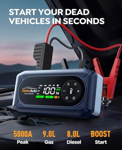 YaberAuto 5000A Car Jump Starter with Air Compressor, 150PSI Tire Inflator | Car Battery Jumper Starter Portable (9L Gas/8L Diesel) 12V Jump Box Pack Jumper Cables, 18W Fast Charge, 800LM Light, Compact view 2