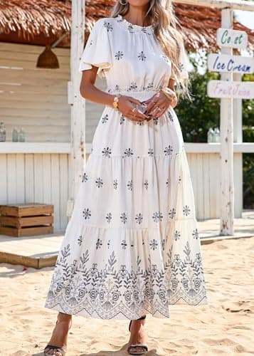 KIRUNDO Floral Maxi Dresses for Women 2026 Spring Summer Wedding Guest Short Sleeve Smocked Waist Flowy Beach Vacation Dress view 3