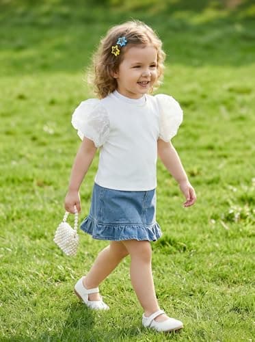 vfvBaby Toddler Baby Girl 2 Piece Outfit White Tulle Puff Sleeve Top & Denim Ruffle Skirt Set Infant Casual Summer Clothes view 5