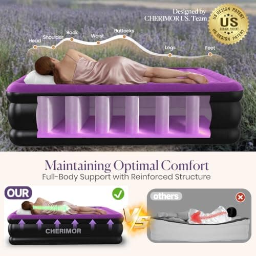 CHERIMOR Air Mattress Queen with Built in Pump, Anti-Sag Horizontal Beam | 18in Raised Blow Up Mattress, 3-Min Inflation, 800 lb Heavy-Duty Support, Reinforced PVC, Air Bed for Home Guests Camping view 3