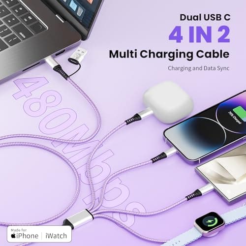 Dual Type-C 4 in 2 Multi Charging Cable for Travel with Multi USB-C Devices -5FT view 2