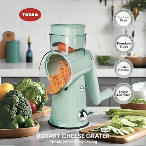 Rotary Cheese Grater with Handle - Vegetable Shredder with 5 Blades & Strong Suction Base, Round Slicer & Food Chopper for Kitchen (Green) view 3