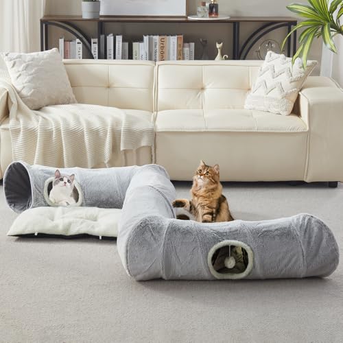 Cat Tunnel Bed for Indoor Cats, Large Cat Tube & Dog Tunnel Bed with Washable Cushion, Square Luxury Velvet Peekaboo Cat Cave & Cat Donut for Kitten/Puppies/Rabbits, Grey XL 39"x30"x11" view 3
