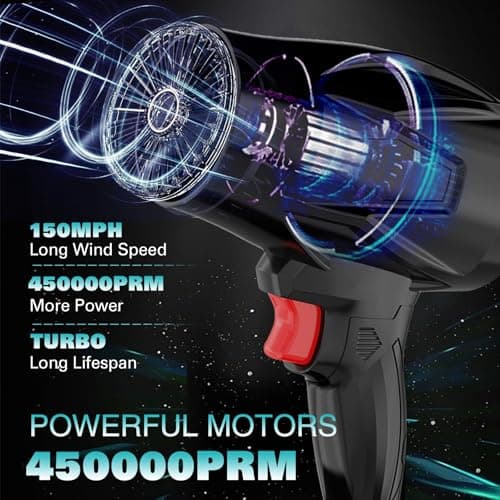 Handheld Electric Cordless Leaf Blower, 450,000RPM High-Speed Motor Jet Fan Air Blower with 2 Battery Operated & Charger, Lightweight Leaf Blower for Patio Cleaning, Lawn Care, Blowing Leaves and Dust view 4