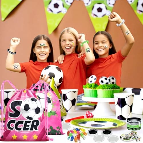 Fiestivo Soccer Party Favors for girls, Soccer Goodie Bags with LED Finger Lights, Mini Brush, Silicone Bracelets Stickers Gift Bags for Soccer Themed Birthday Party Favors Supplies 98 Pcs view 2