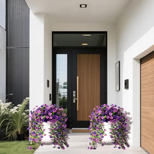 Artificial Fake Flowers Plants for Outdoors, 2 PCS UV Resistant Faux Silk Daisy with Eucalyptus Leaves Hanging Flowers for Home Garden Balcony Yard Porch Decor(Double Purple) view 5