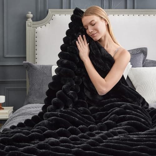 Cozy Bliss Faux Fur Throw Blanket for Couch, Cozy Warm Plush Striped Blanket for Sofa Bedroom Living Room, 50 * 60 Inches Black view 3