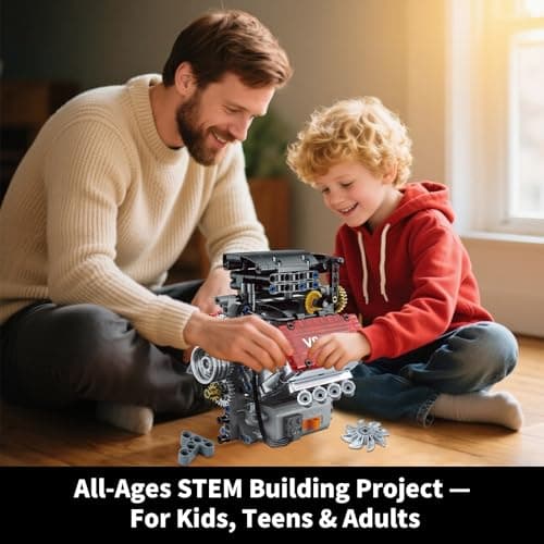 OCES V8 Engine Building Set — Mini V8 Engine Kits That Runs 478 PCS Working V8 Model Kit with Motor & Battery Box, Visible Pistons & Moving Crankshaft, STEM Engineering Project for Kids Teens Adults view 3