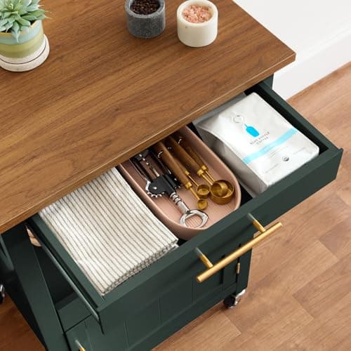 Best Choice Products Rolling Kitchen Island Cart, Single Door Cabinet W/Drawer, Sliding Tray, Outlet, Swivel Lockable Wheels, Hooks, Coffee Cart, Microwave Stand, for Dining Room - Forest Green view 6